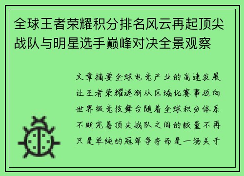 全球王者荣耀积分排名风云再起顶尖战队与明星选手巅峰对决全景观察 全球王者荣耀积分排名风云再起顶尖战队与明星选手巅峰对决全景观察