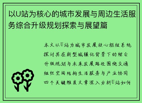 以U站为核心的城市发展与周边生活服务综合升级规划探索与展望篇
